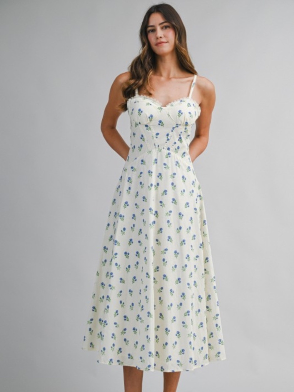 Floral Printed Lace Trim Back Lace Up Midi Dress